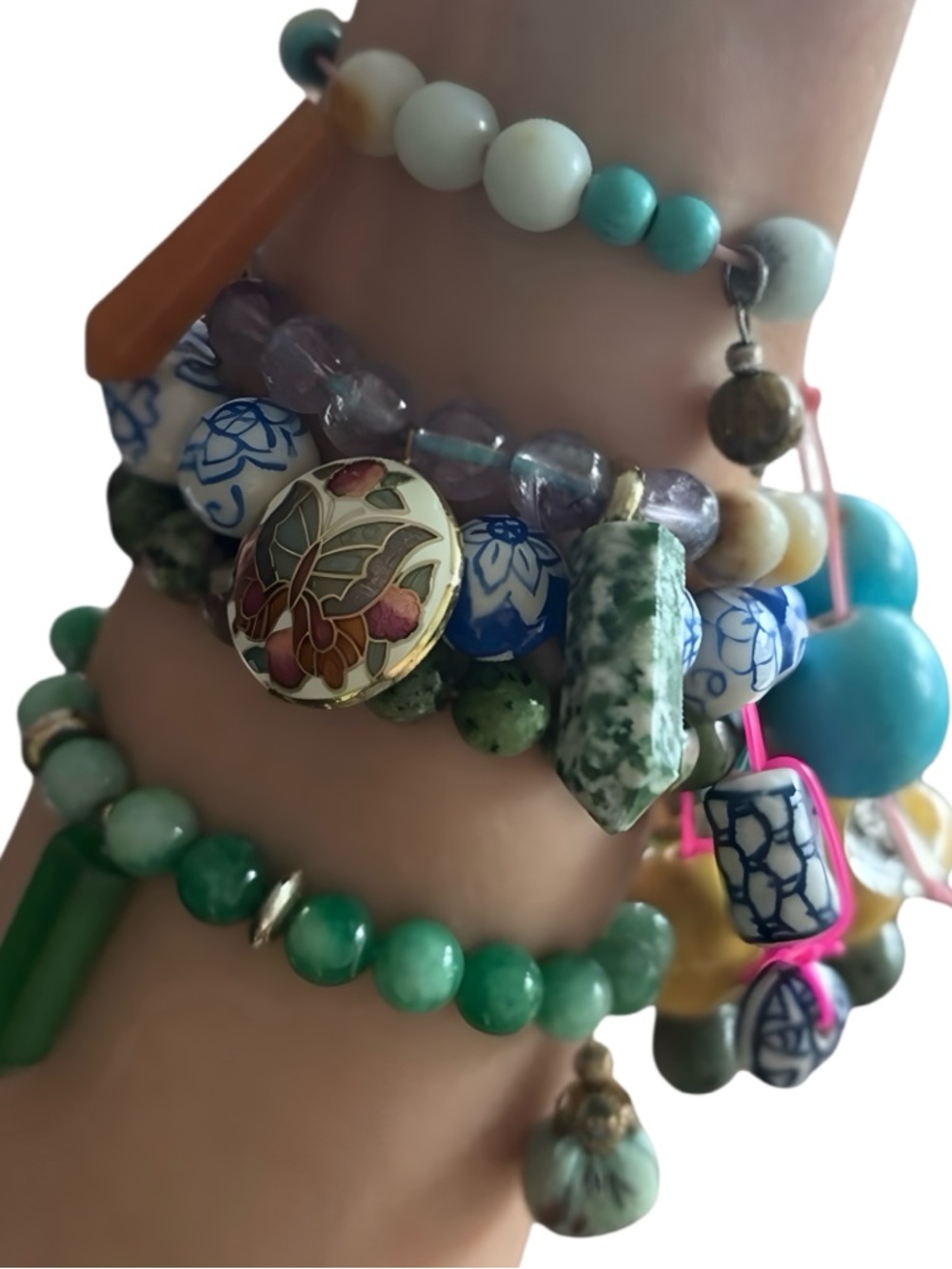 🍒NEW Crystal Healing Handmade "Tis" Bracelet with Vintage Cloisonné Butterfly